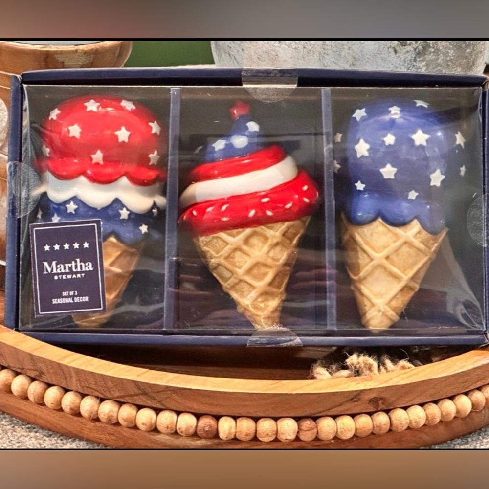 Martha Stewart RED WHITE & BLUE  ice cream cones decorative trio LAST SET